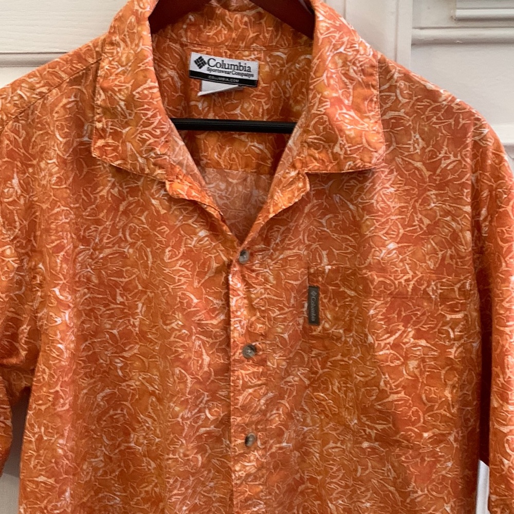 Columbia Sportswear Orange Tropical Fish Print Casual Cotton Coastal Camp Shirt
